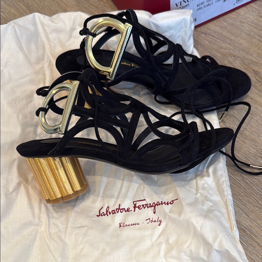 Salvatore Ferragamo Black Heels with Gold Accents